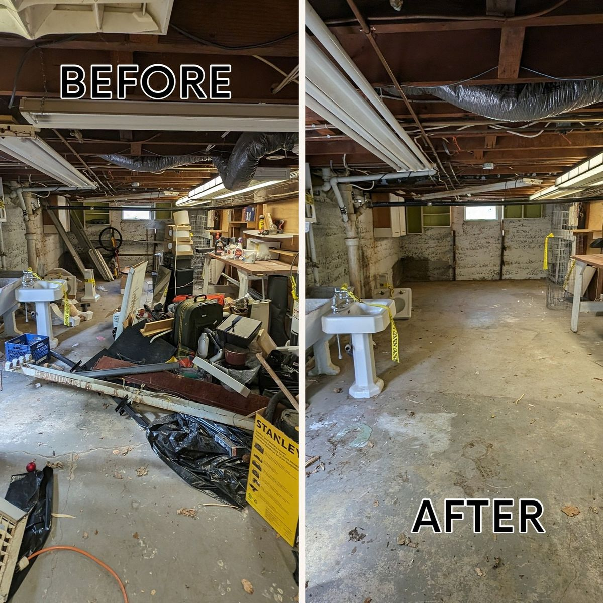 Before and after of a basement junk cleanout