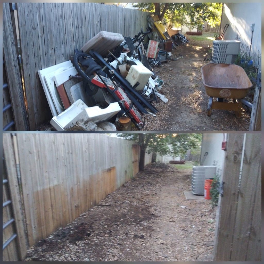 Before and after of a side-yard junk cleanout