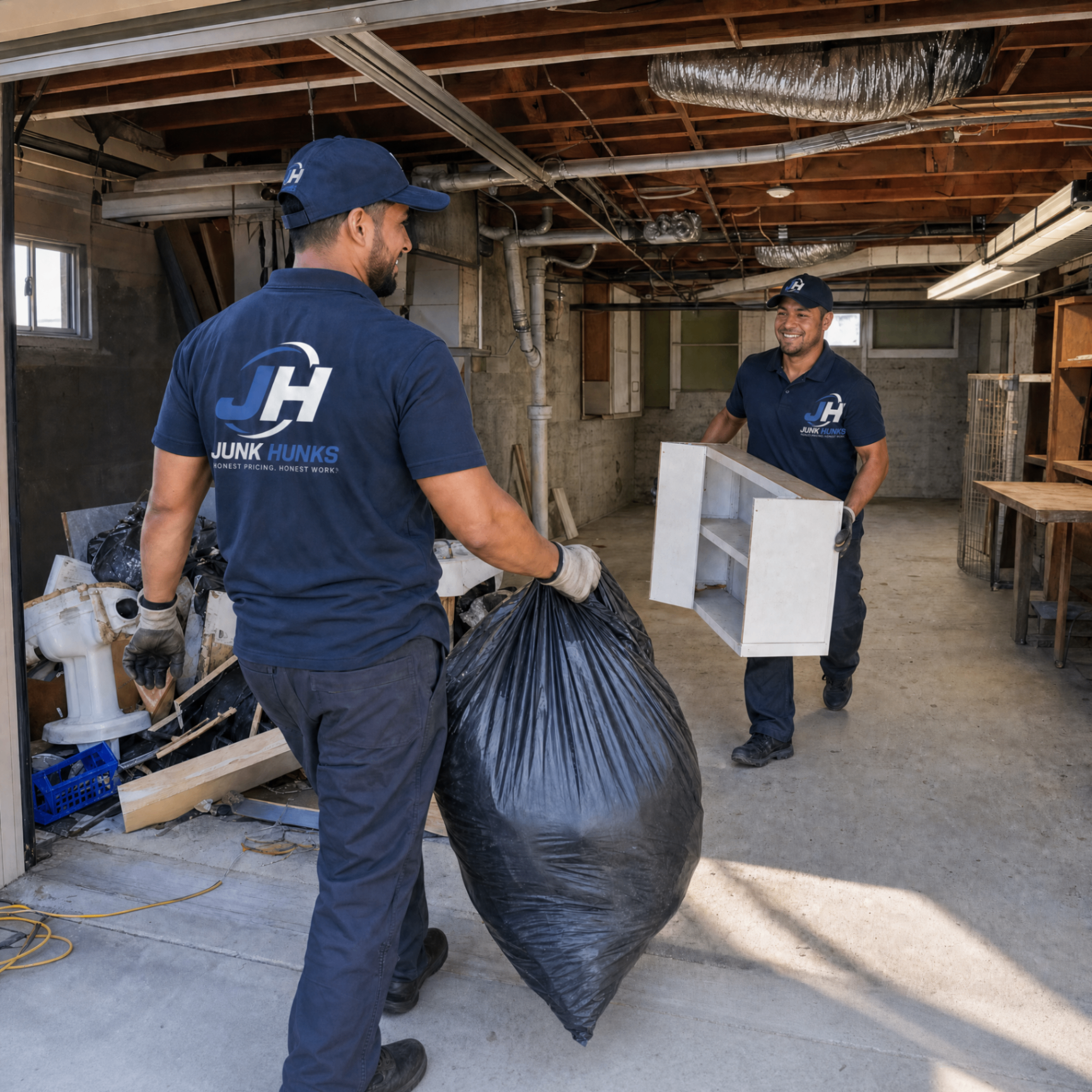 JunkHunksCo crew hauling junk bags and furniture out of a garage