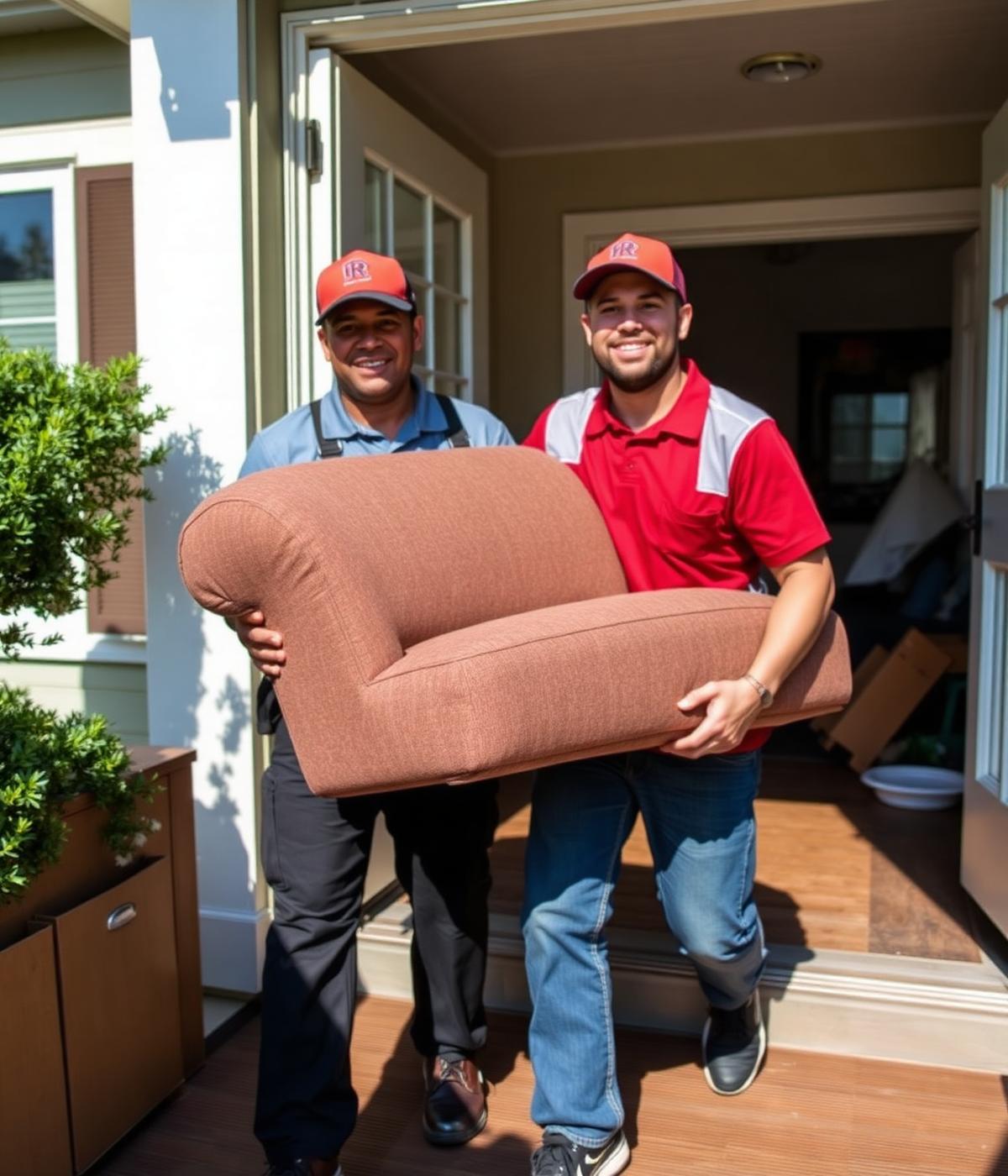 JunkHunksCo team carrying a couch out of a home